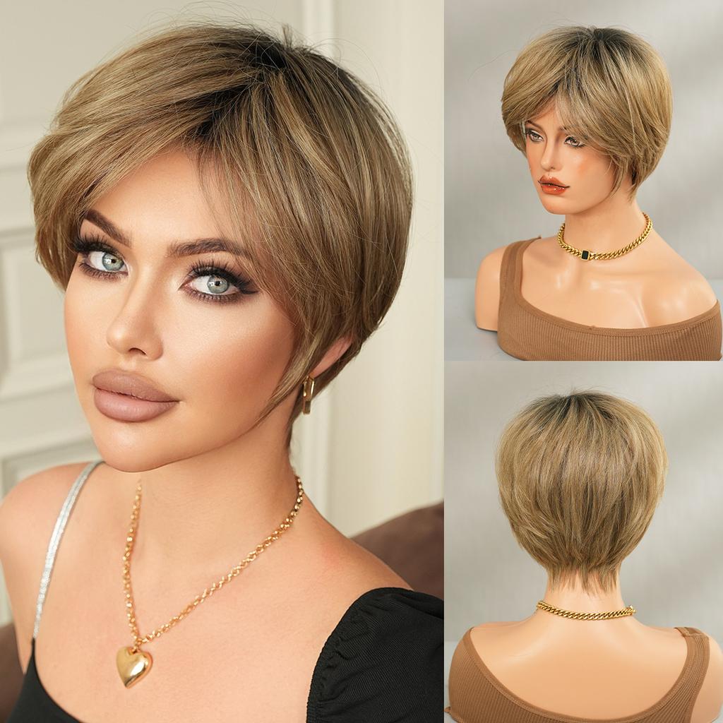 Synthetic Golden Brown Wig for Women Daily Party New Trend Natural Blond Wigs with Bangs Ombre Bob Heat Resistant Fiber