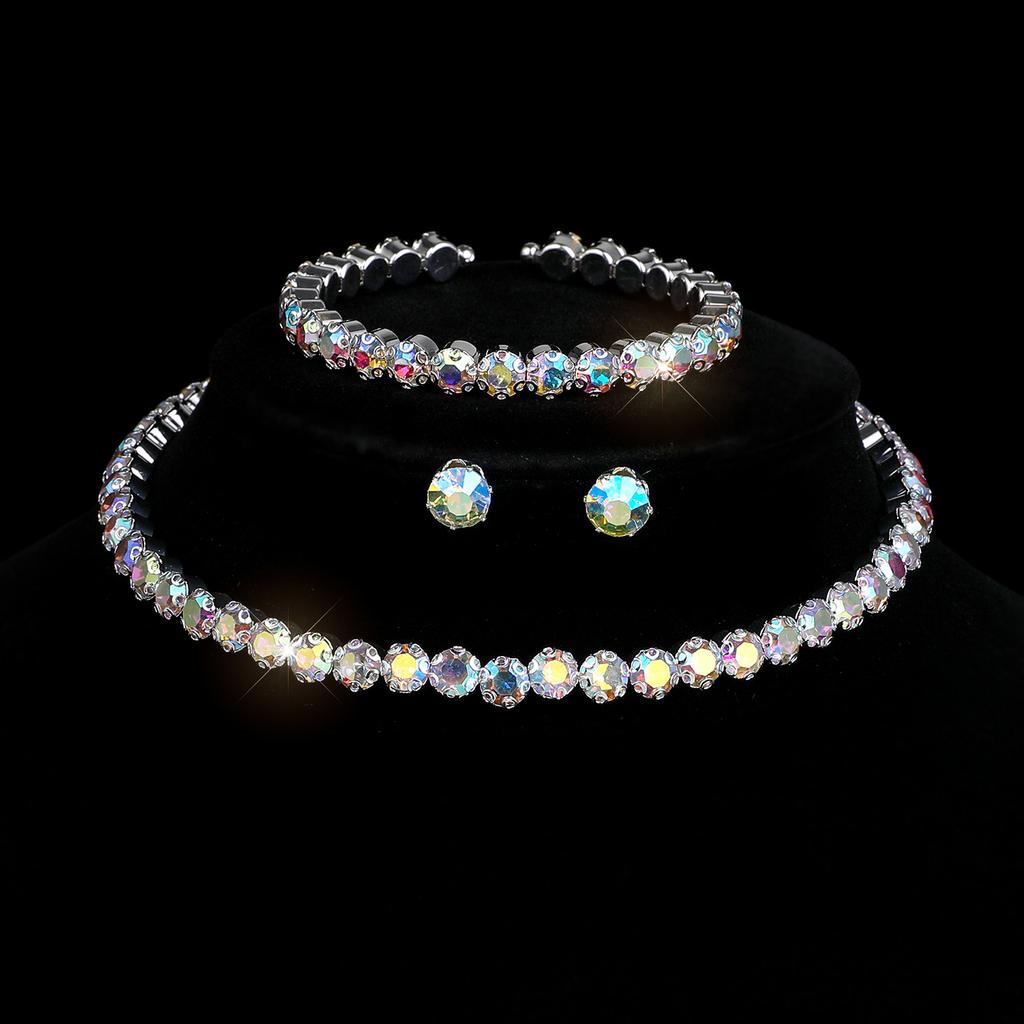 Bridal Diamond Collar Set Jewelry Full Diamond Crystal Necklace Earrings Bracelet Three-piece Set