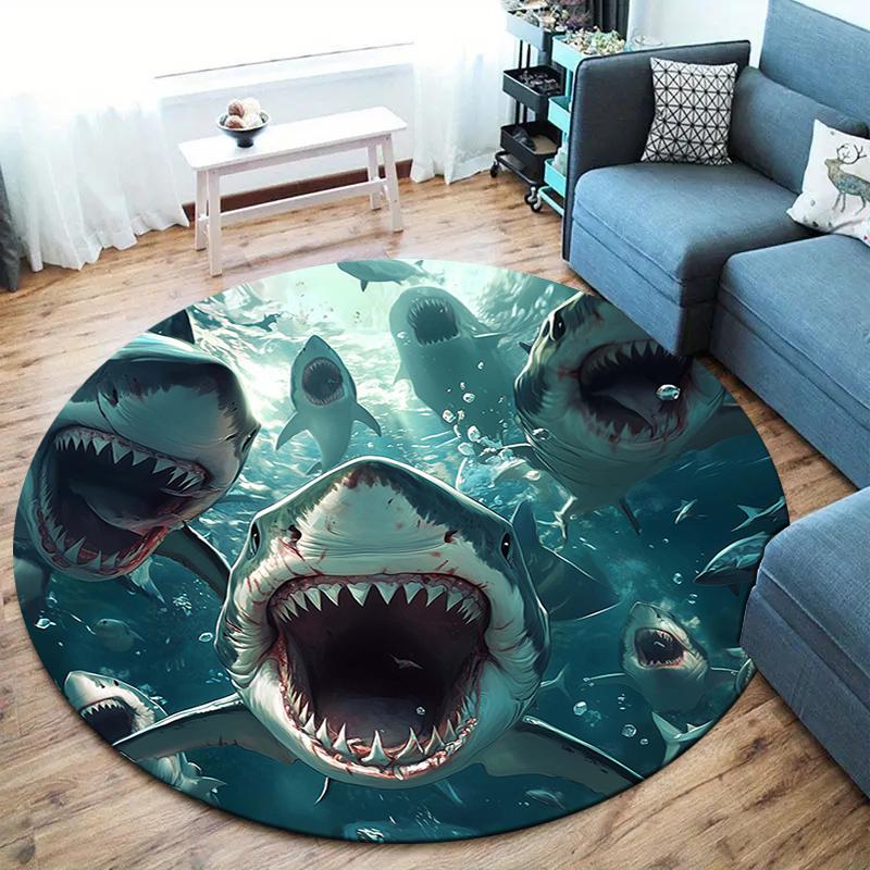 shark Round Area Rug,Carpet Rug for Living Room Bedroom Sofa Playroom Decor,Non-slip Floor Mat