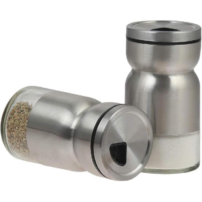 Salt and Pepper Shaker - with adjustable pour holes dispenser lids. Stainless Steel with Glass bottoms 2-Piece Set. (Stainless steel)