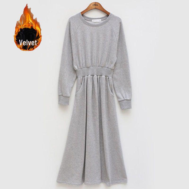 Autumn & Winter Plus Velvet Hoodie Dress: Ankle-Length, Waist-Cinched, Plus Size, Slimming Fit for Super Fairy Students