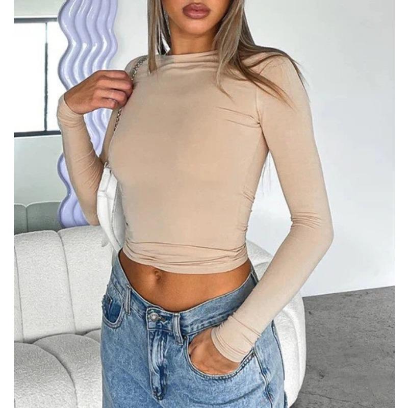 Women's Casual Long Sleeve T-Shirt Spring and Autumn Solid Color Slim Fit Pullover Bottoming Shirt Top