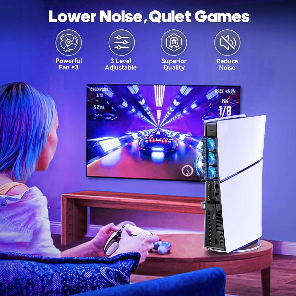 Cooling Fan for Sony Playstation 5 Slim Disc & Digital Console 3-Level Fan PS5 Slim Blue Ambient Light Efficient Cooler