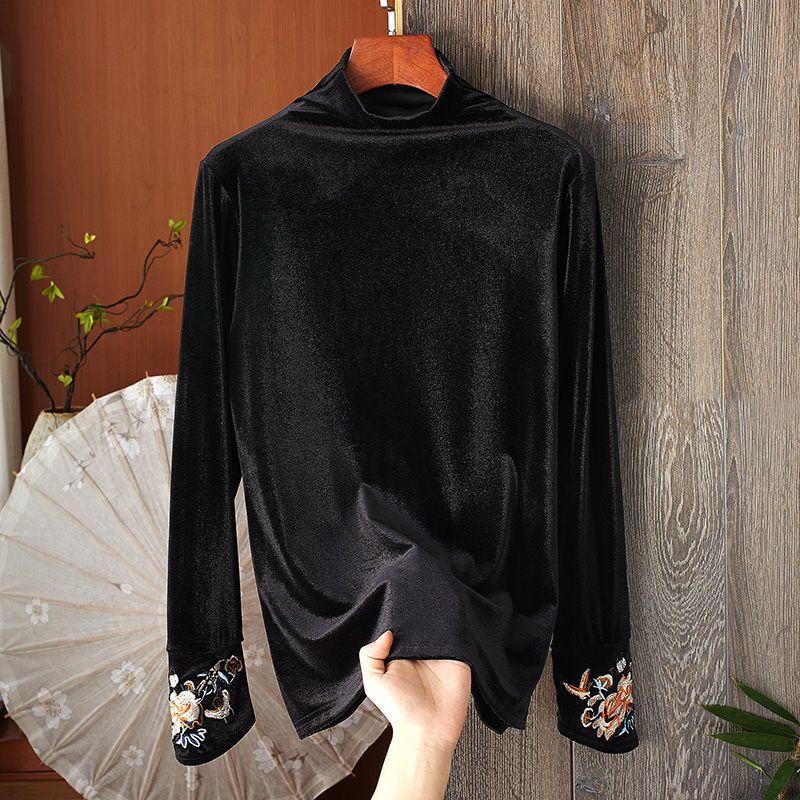 

Golden velvet semi-turtleneck autumn and winter bottoming shirt with foreign style long sleeves inside and outside, exquisite embroidery splicing wome M чорний