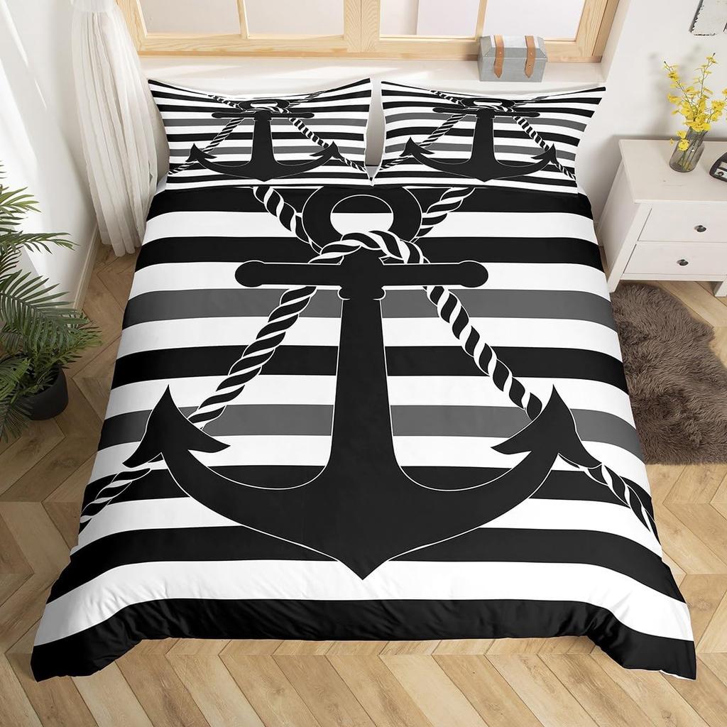 Vintage Anchor Duvet Cover Twin King, Nautical Theme Bedding Set Sailing Boat Sea Turtle Bed Cover, Compass Starfish Quilt Cover