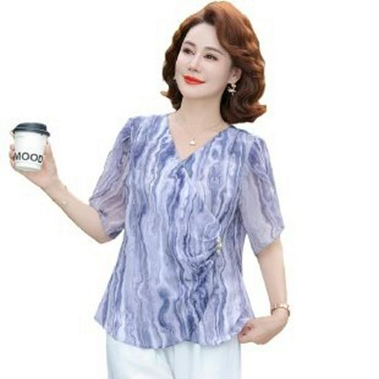 

Chiffon Short-Sleeved Blouse – Mother s Summer Style for Middle-Aged Women 3XL фіолетовий