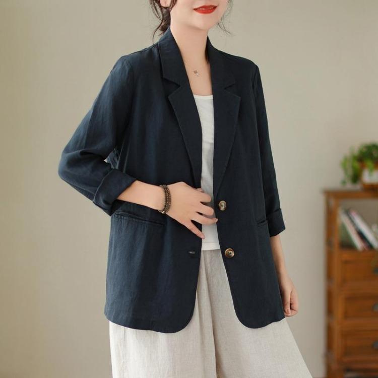 

New Plus Size Vintage Jacket Spring Summer Women Coat Casual Loose Tops Basic Solid Tees L темно-синий