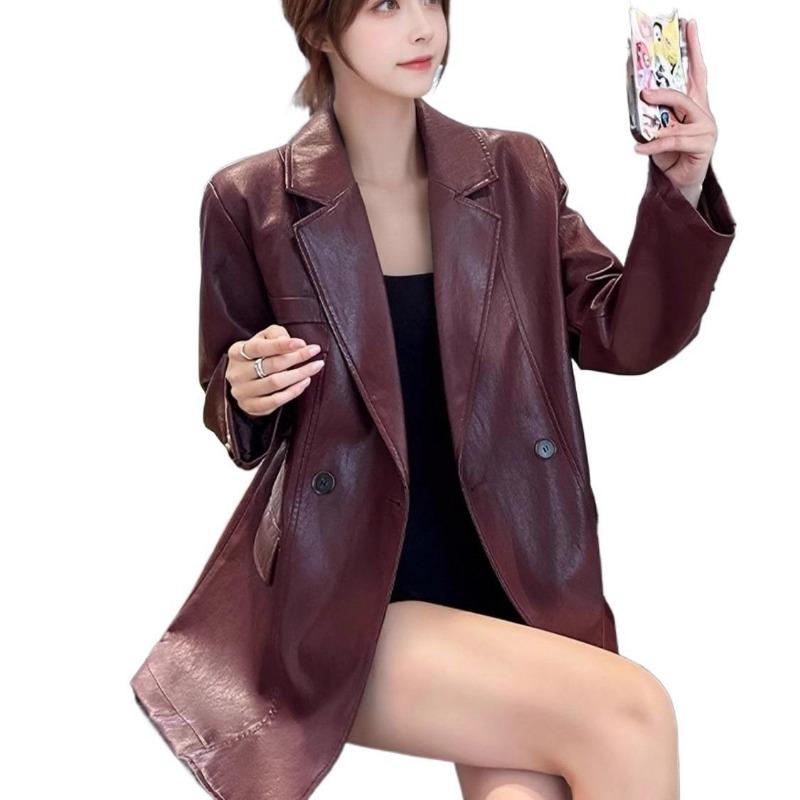 Herbst Neu Ankola Rot Retro Hochwertige Lederjacke Damen Locker Lässig und Dünn Leder Anzug Trend