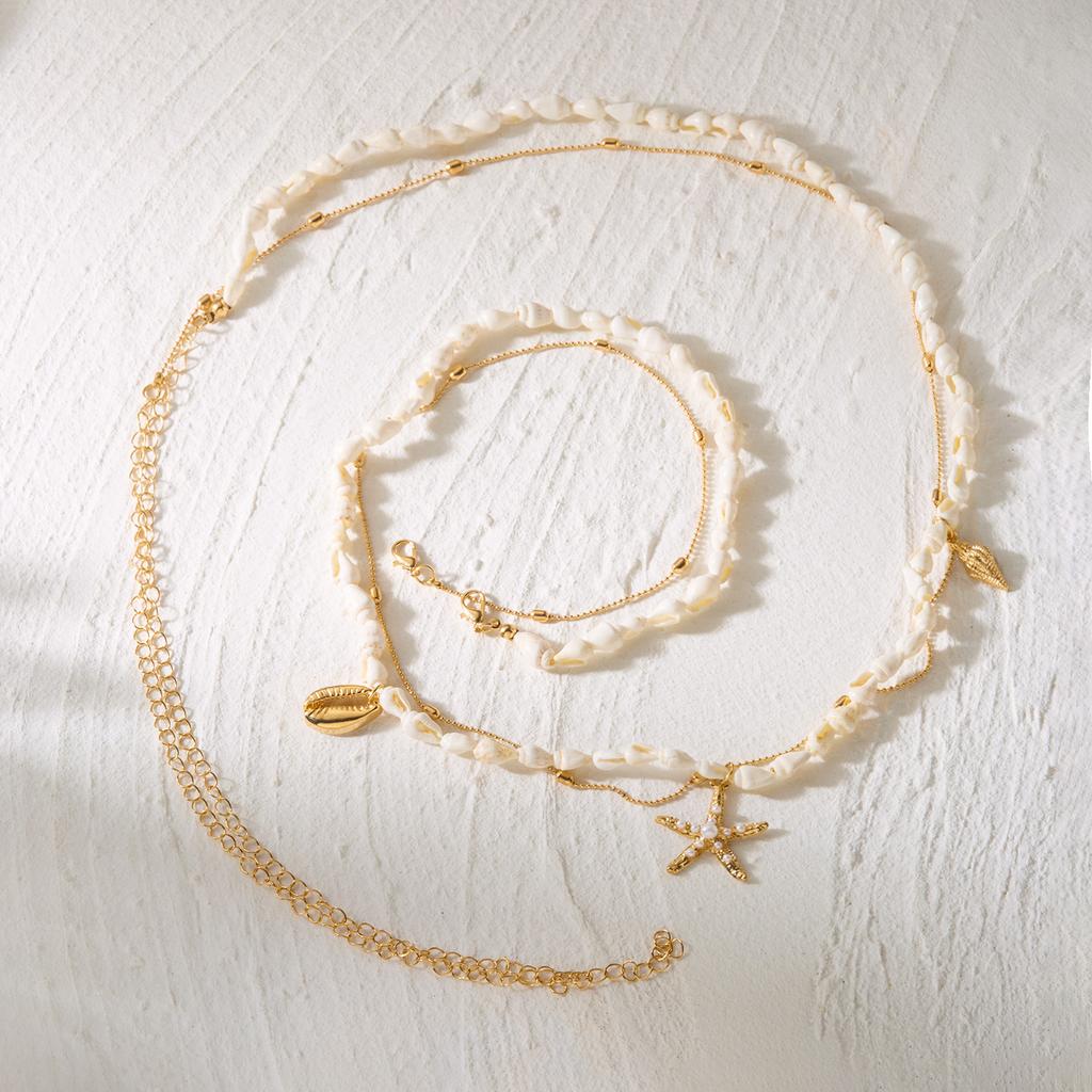 Bohemian Conch Beaded Waist Chain for Women Double Layer Imitation Pearl Starfish Shell Pendant Belly Chain Beach Bikini Jewelry
