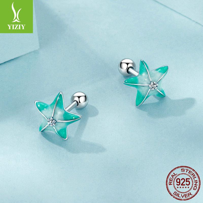 Blue-Green Starfish Threaded Stud Earrings, Summer Small Fresh S925 Sterling Silver Star Stud Earrings.