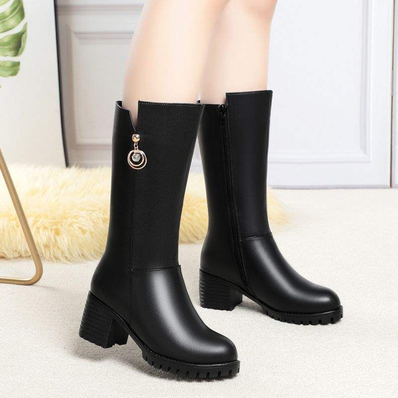 Soft Leather Boots Women's Boots Winter Fleece Cotton Boots Thickened Cotton Hair Tall Heel Women's Boots Mom Medium Boots