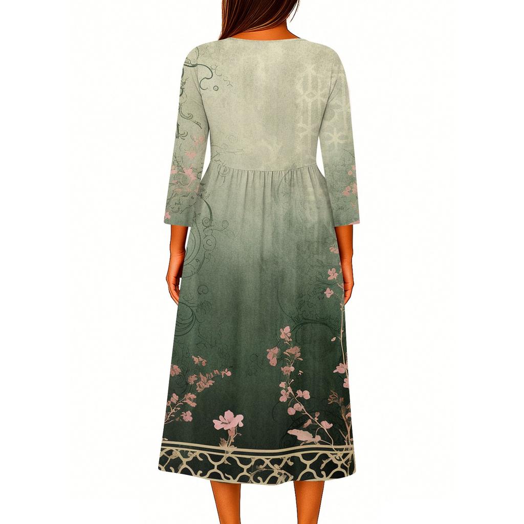 Women's Fashionable Printed Round Neck Seven Quarter Sleeve Button Loose Shirt Dress