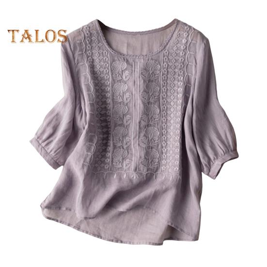 Dameskjorte med rund hals og halve ermer Broderi Blomstermønster Topper Ensfarget Tynn retro bluse Daglig slitasje