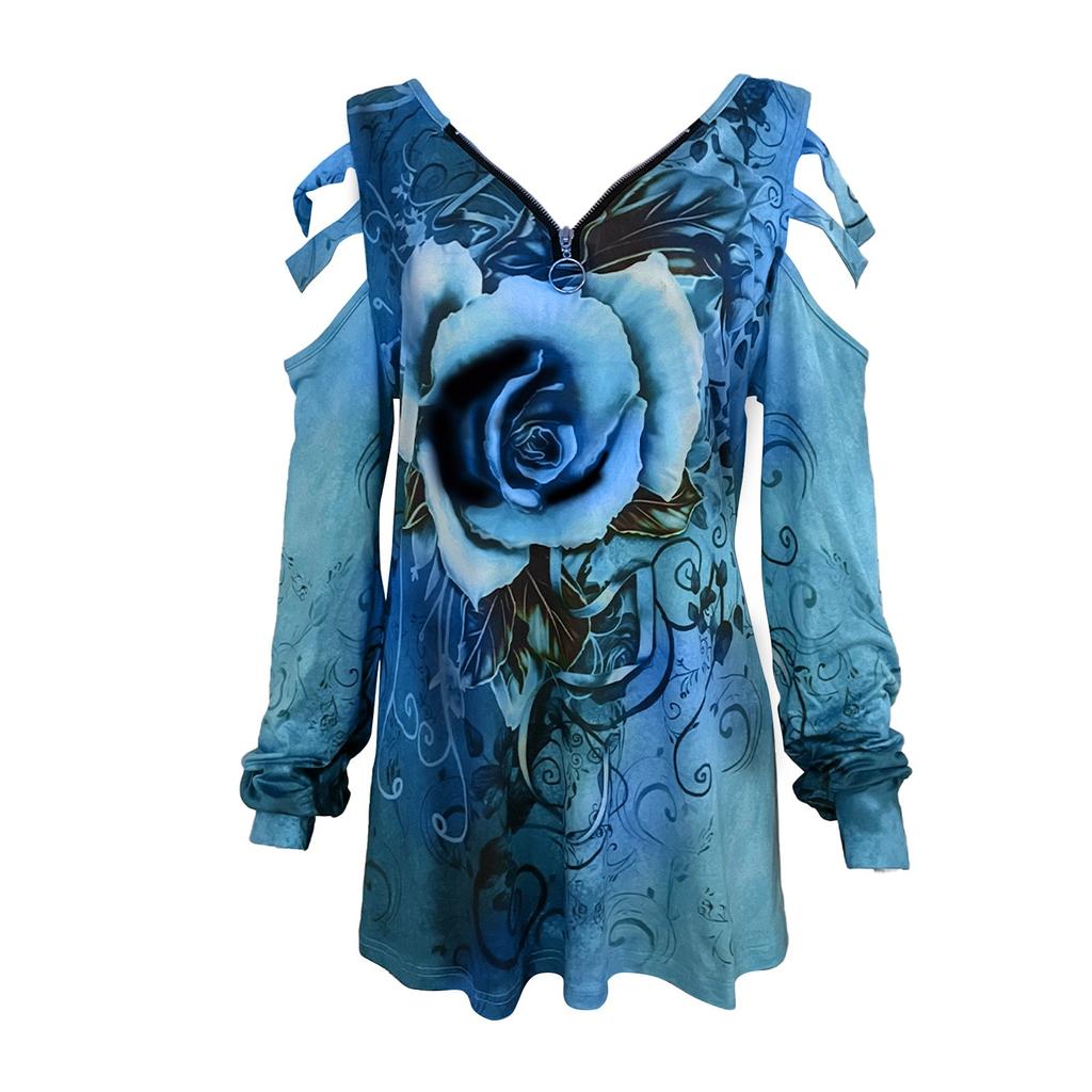Fashion Womens Loose Collar Zipper V-neck Rose Print Long-Sleeved Casual T-shirt