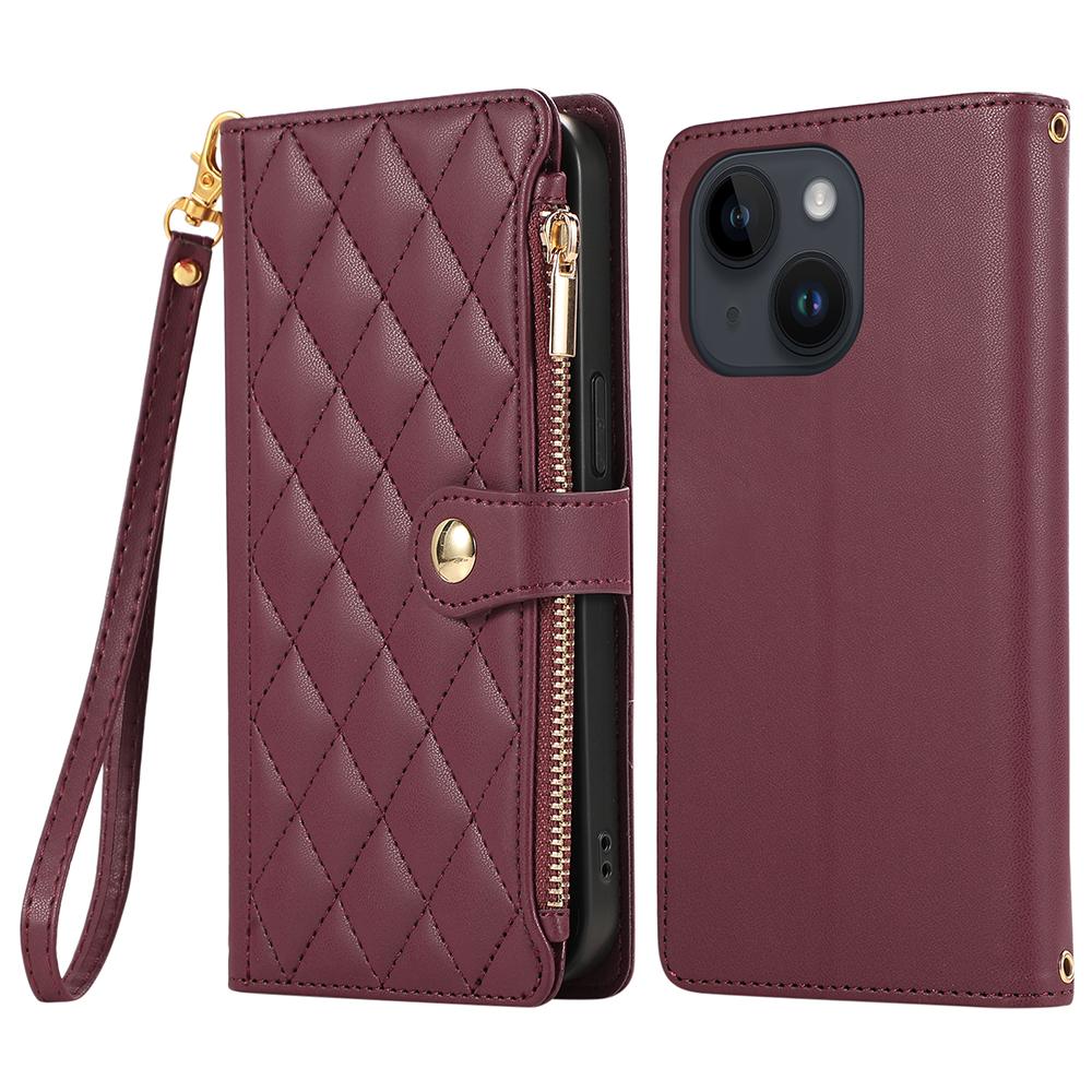 For iPhone 15 Case Multi Card Slots Zipper Rhombus Leather Phone Cover with Wrist Strap
