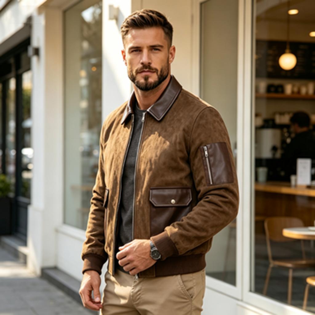 Men's Casual Leather Full Zip Stand Collar Long Sleeve Jacket with Patchwork Retro