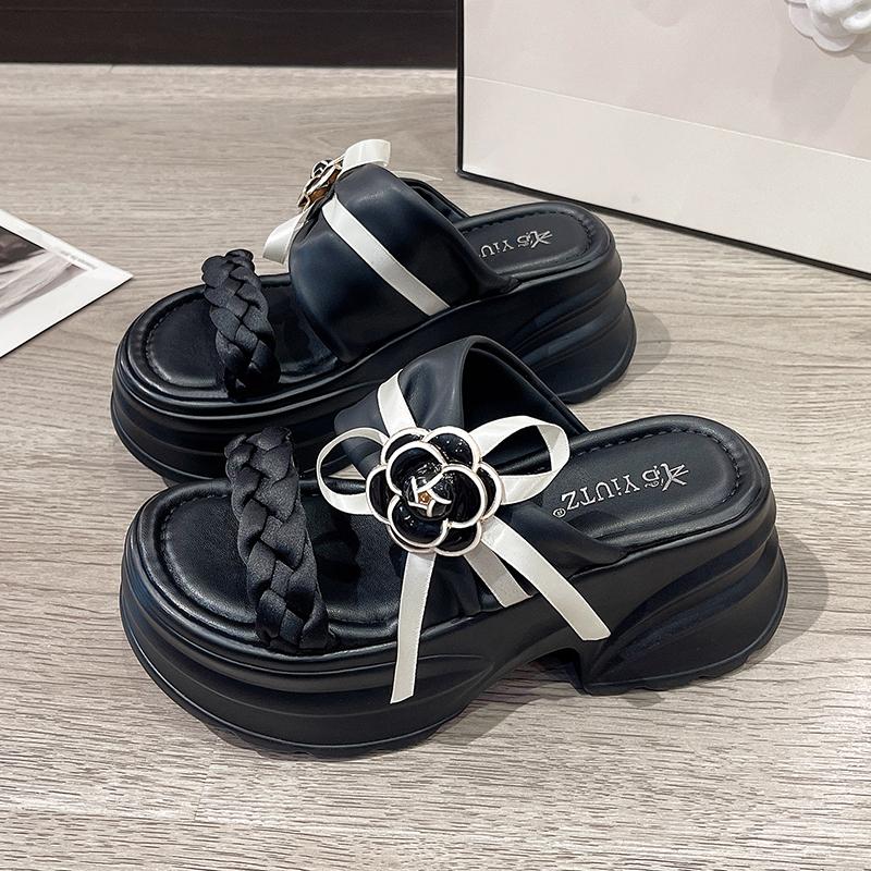 Fashion 9CM Heels Chunky Slippers For Women Open Toe High Platform Leather Sandals Woman 2025 New Summer Thick Bottom Beach Flip Flops