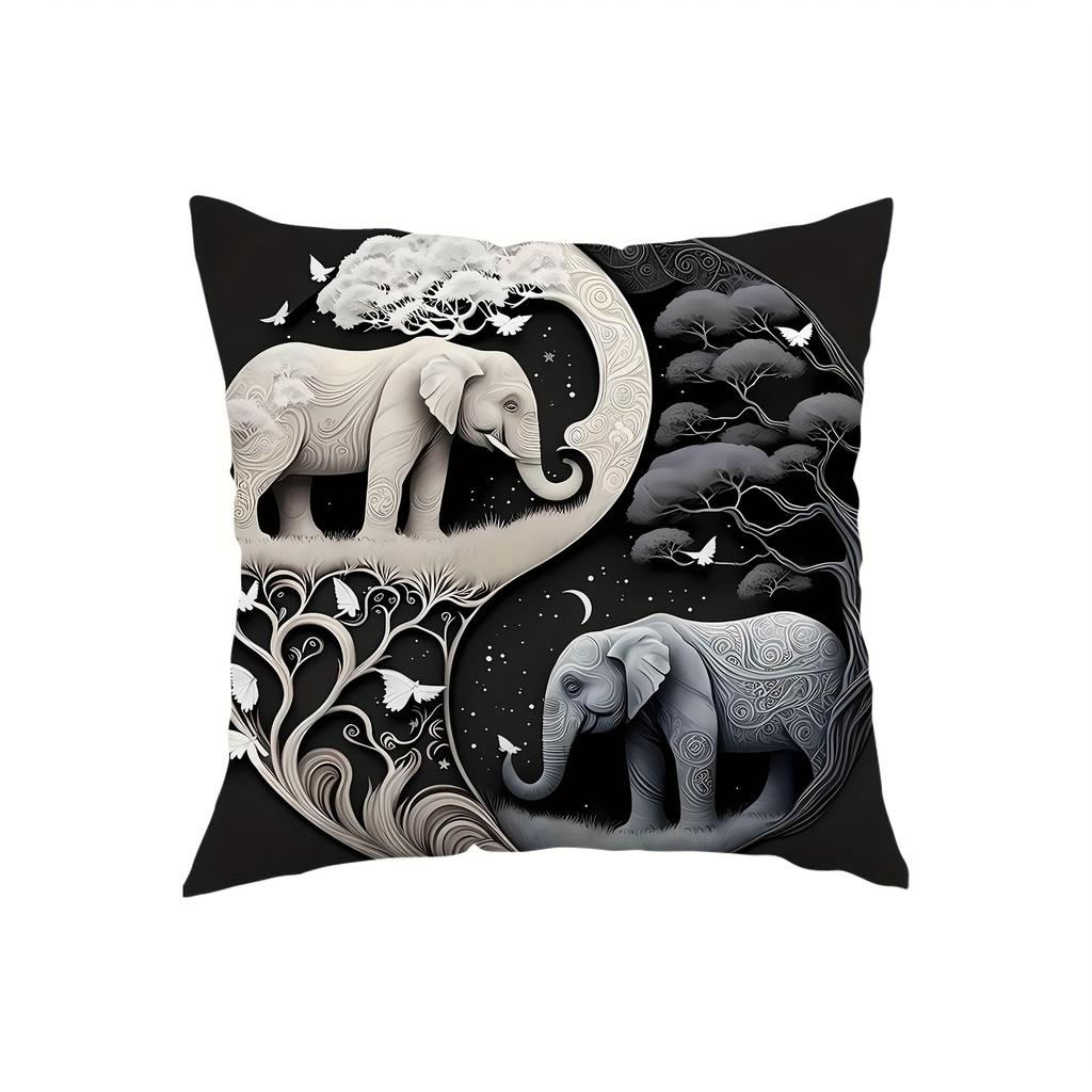 1 Piece of Modern Elephant and Pine Print Soft Short Plush Pillow Cover, 18x18 Inch Single-sided Printed Cushion