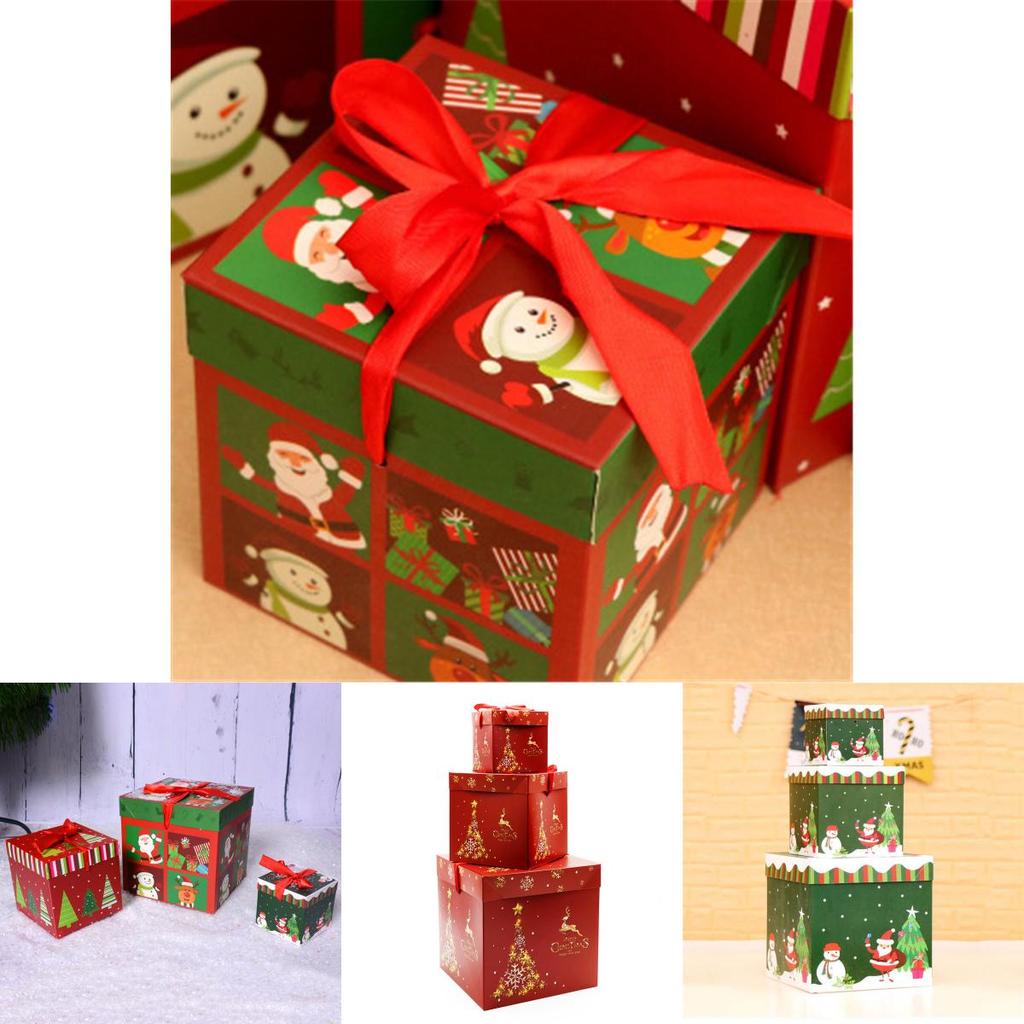 Large Premium 3pcs Christmas Gift Box With Lid  Ribbon Xmas Present Box Square