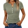 Dámské módní ležérní barevné nové tričko s krátkým rukávem, ozdobným knoflíkem a výstřihem do V