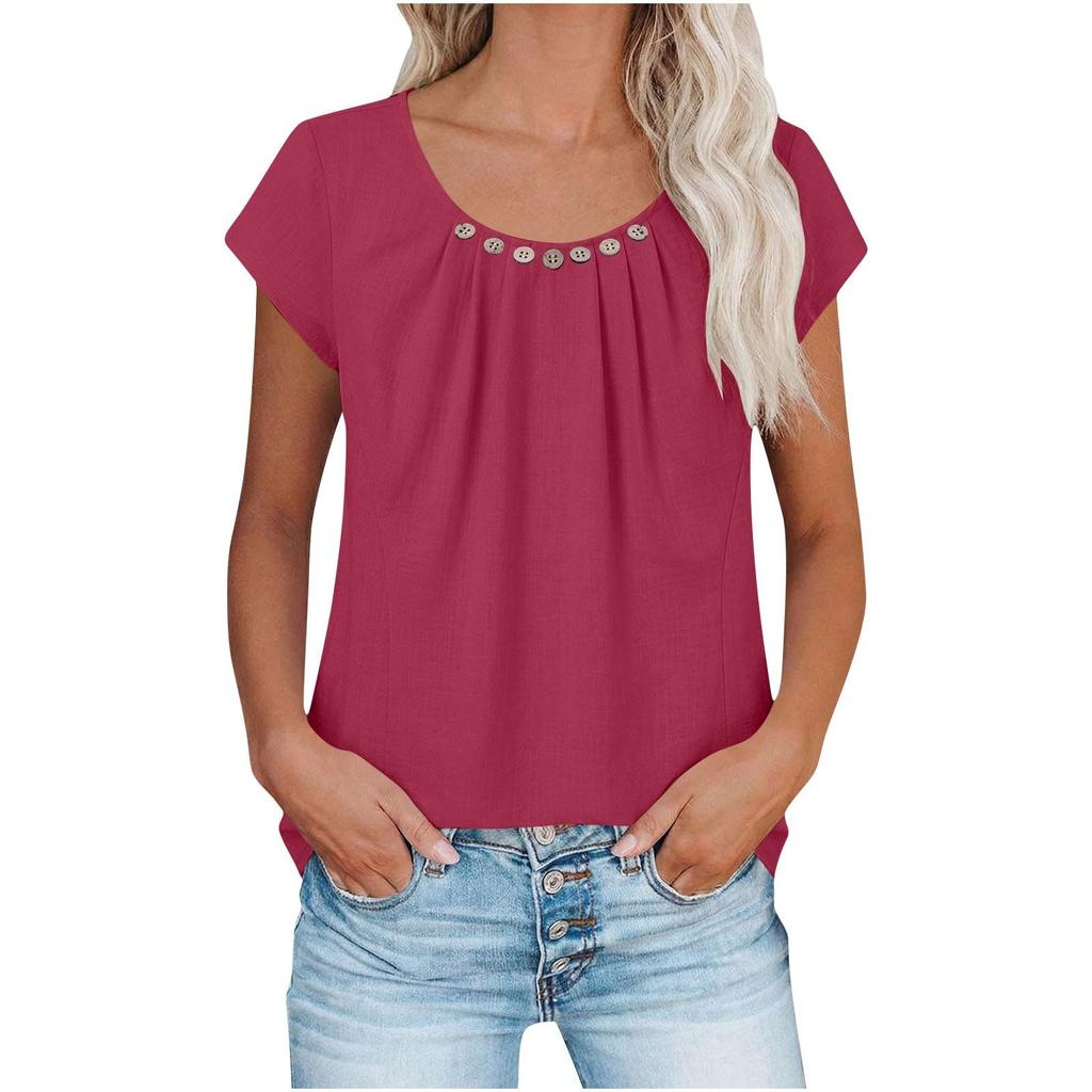 Women's Casual Pleated Button-Up Short-Sleeve T-Shirt Top