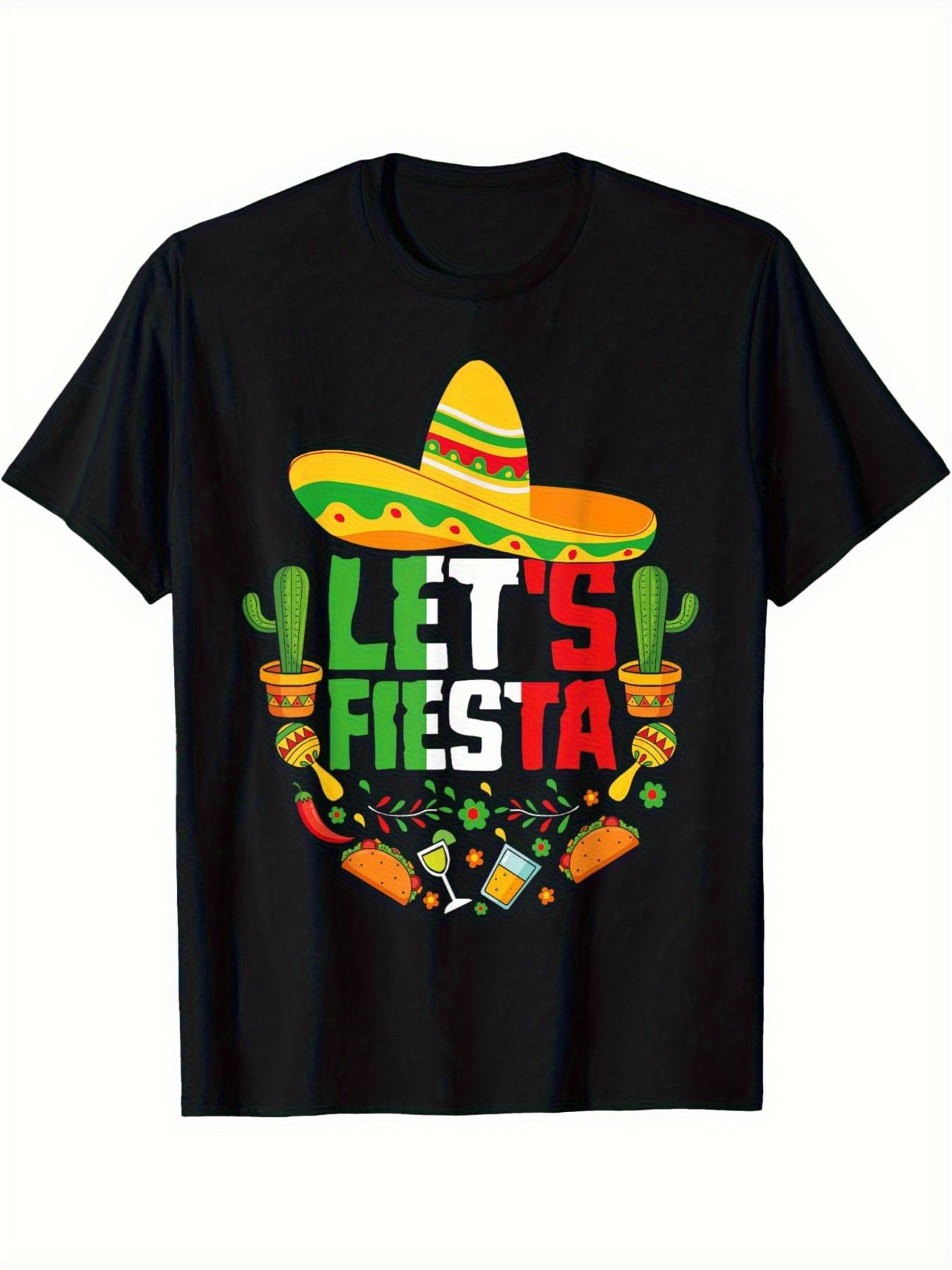 Lets Fiesta Cinco de Mayo Fun Mexican Colorful Guitar Party T-shirt cinco de mayo lets fiesta Casual Short Sleeve Crew Neck Top Clothing XL