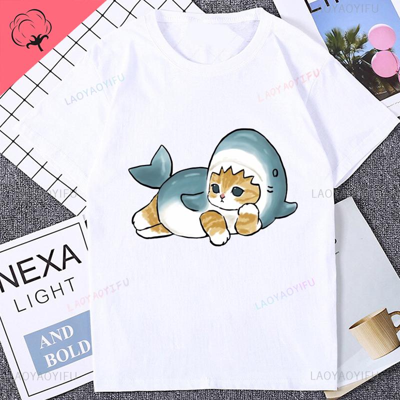 Harajuku Kawaii Kočka Žralok Potisk Roztomilé Kreslené Bavlněné Tričko Módní Streetwear Krátký Rukáv Dámské Tričko Vtipná Grafika Pánská Trička