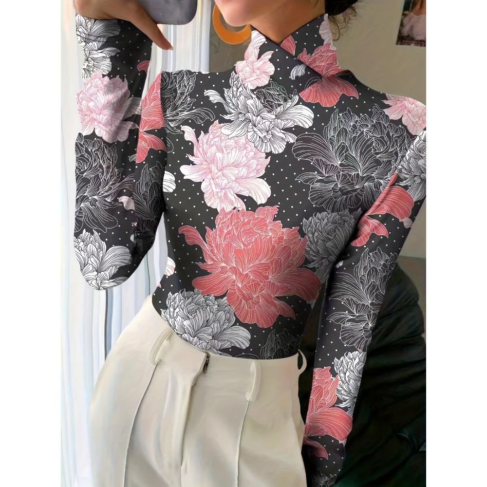 Women's elegant full-body flower-printed cross-turtleneck long-sleeved pullover for all seasons