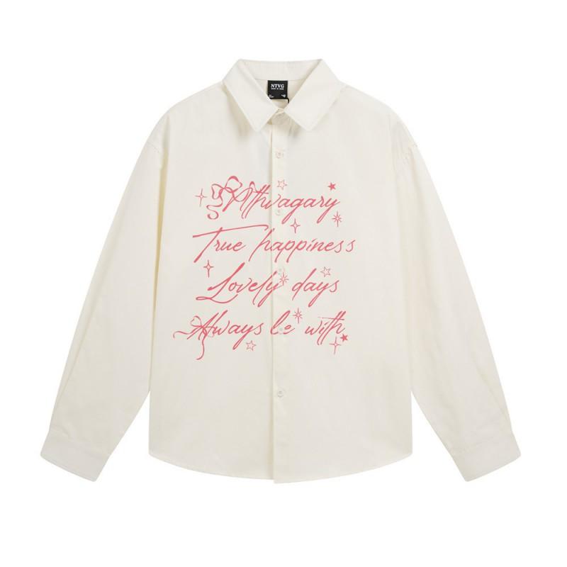 Mens Long Sleeve Shirt Street Style Graffiti Letter Print Loose Fit Casual Button Up Fall