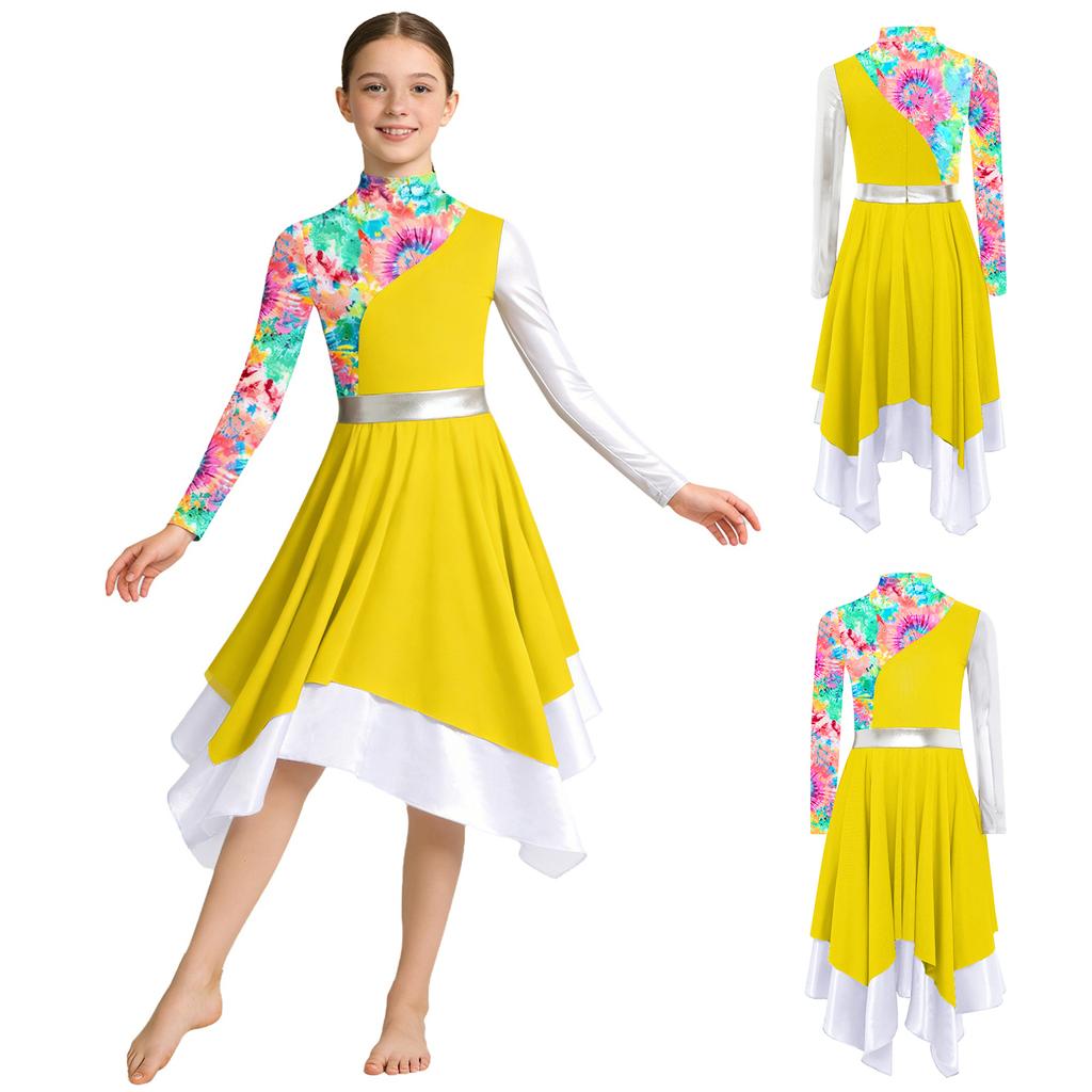 Girls Liturgical Dance Costume Mock Neck Long Sleeve Invisible Back Zipper Metallic Patchwork Color Block Stylish Print Irregular Hem Dress for Church