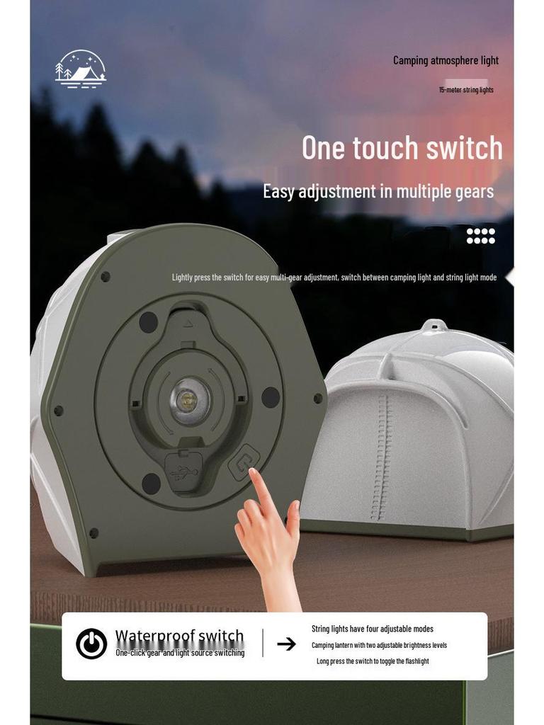 Stepless Dimming Multi-functional Camping Lantern with Pull-string Lights and Long Battery Life for Outdoor Tents