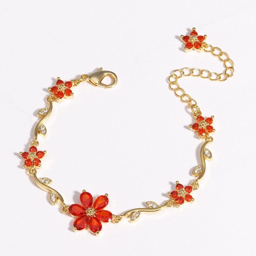 Y2K Chain Bracelet Crystal Women s Bracelet Sweet Flowers Bracelet Gold Red