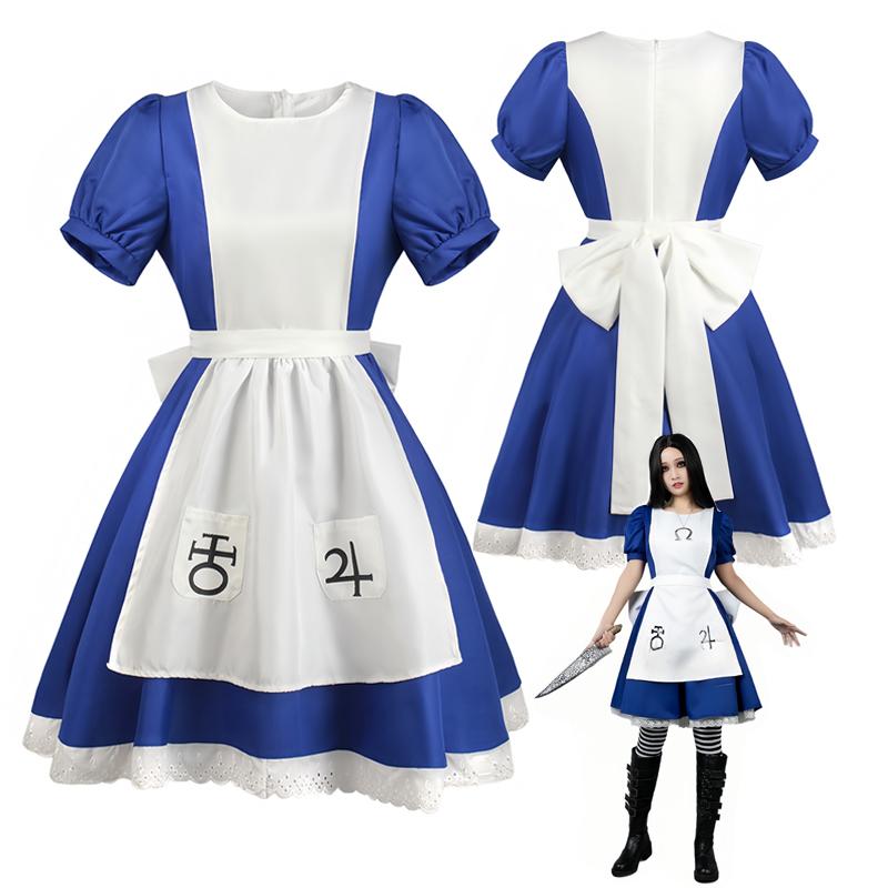 Costume Cosplay Alice Madness di Halloween e Vestito con Grembiule da Cameriera e Calze Donna Ragazza Anime Donna Vestito per Festa di Carnevale