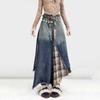 Y2k Retro Streetwear Irregular Patchwork Plaid Denim Skirt Women Do Old Gradient Overlay Waist Maxi Long Jeans Skirt