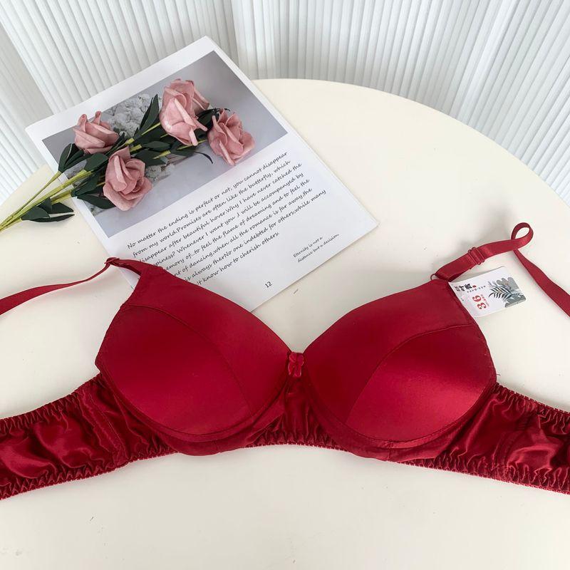 

100% Mulberry Silk Bra Wide Brim Three Breasted Pure Silk Intimates Middle-Aged and Elderly Wireless Thin Bra Special Offer Red 75C