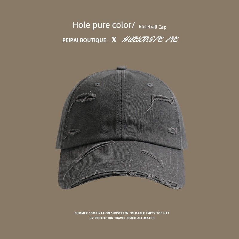 

Baseball Cap Female New Arrival Spring and Summer All-Match Soft Top Hip Hop Peaked Cap Outdoor Student Retro Ripped Cool Sun Hat C2892 frayed pure color baseball cap Gray One size