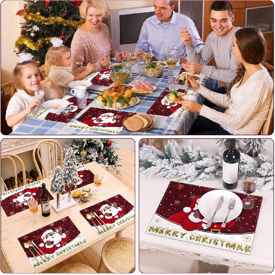 DECYOOL n n Christmas Placemats Set of 4, 12.5x17 Inch Black Santa Christmas Table Mats Merry Christmas Place Mats for Kitchen Xmas Party Winter Home