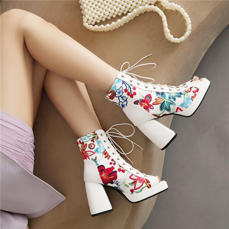FOREADA Women Sandals Peep Toe Thick High Heels Platform Embroider Lace-up Comfort Boots Ladies Fashion Shoes Summer Balck 46