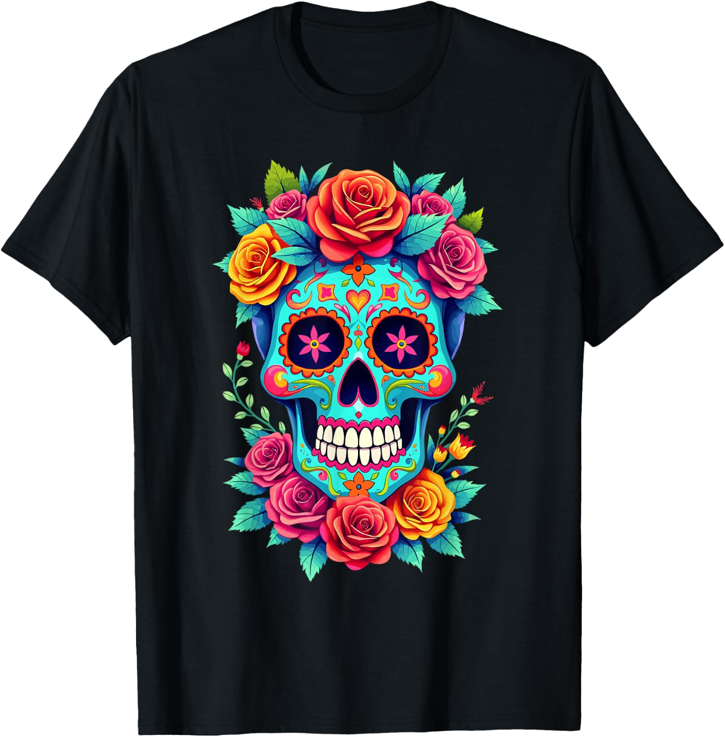 Dia De Los Muertos Sugar Skull Women Roses & Mexican Flowers T-Shirt XXL