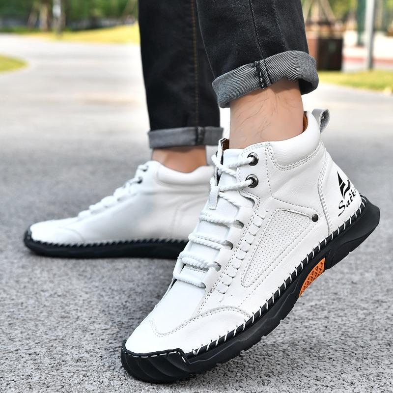 Retro Men Boots Spring Plus Size Couple Shoe Soft Leather Comfortable Lace Up High Top Shoes Hiking Non Slip New Men Ankle Boots