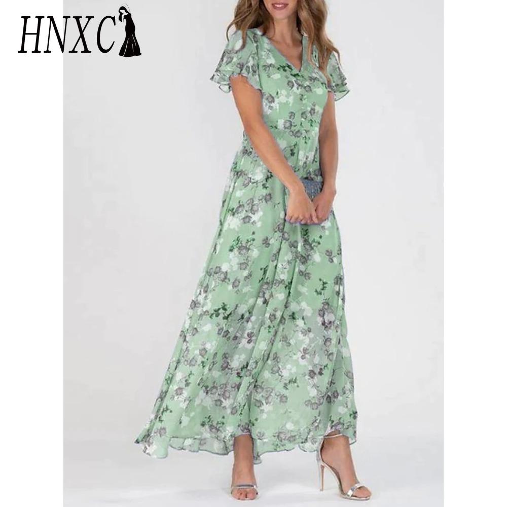 HNXC 6 Color V-neck Ruffle Maxi Dress Short Sleeves Fitted Waist High Waist Flowy Hem Cute Floral Chiffon Dress Women Clothing