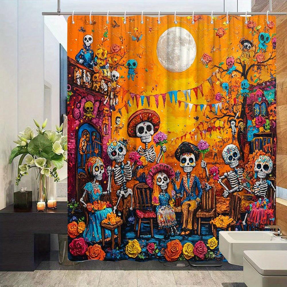 Day Of The Dead Couple Shower Curtain - Vibrant Mexican Folk Art With Skeletons In Floral Skirts, Sombreros & Mariachi Band
