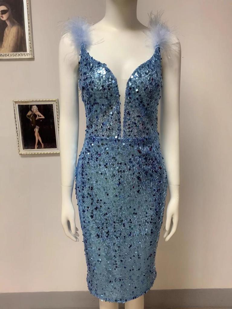 European and American Women's Sequined Deep V-Neck Sleeveless Evening Dress with Feather Accent