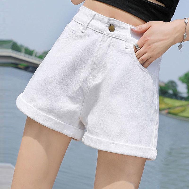 Women's High Waist Cuffed Denim Shorts - Casual Korean Style Wide Leg A-line Hot Pants