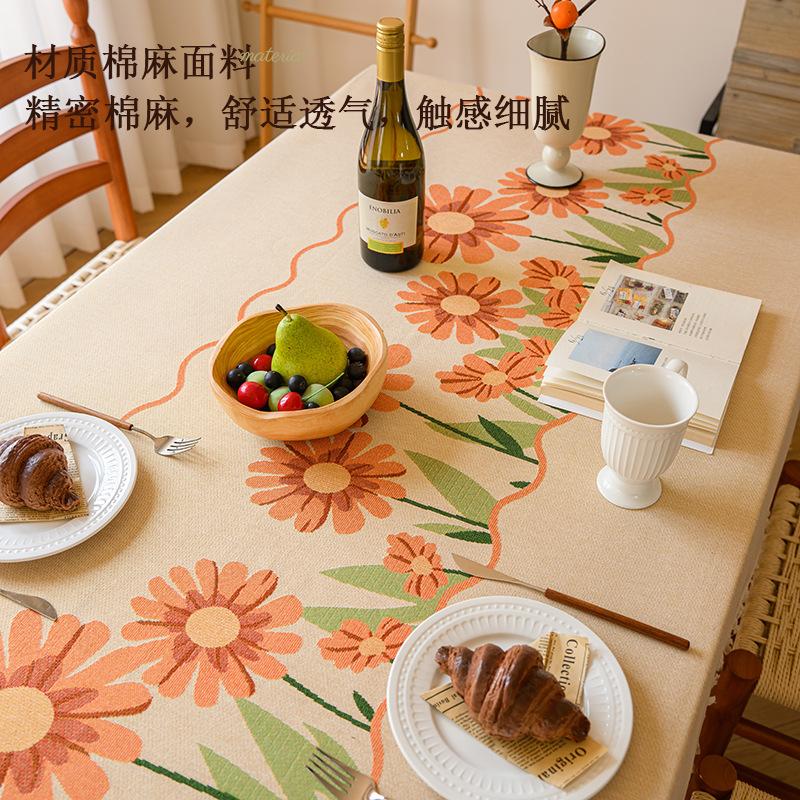 High-Grade High-Grade Table Cloth Cotton And Linen Fabric Yellow Chrysanthemum Pastoral French Embroidery High-Grade Tablecloth Cover