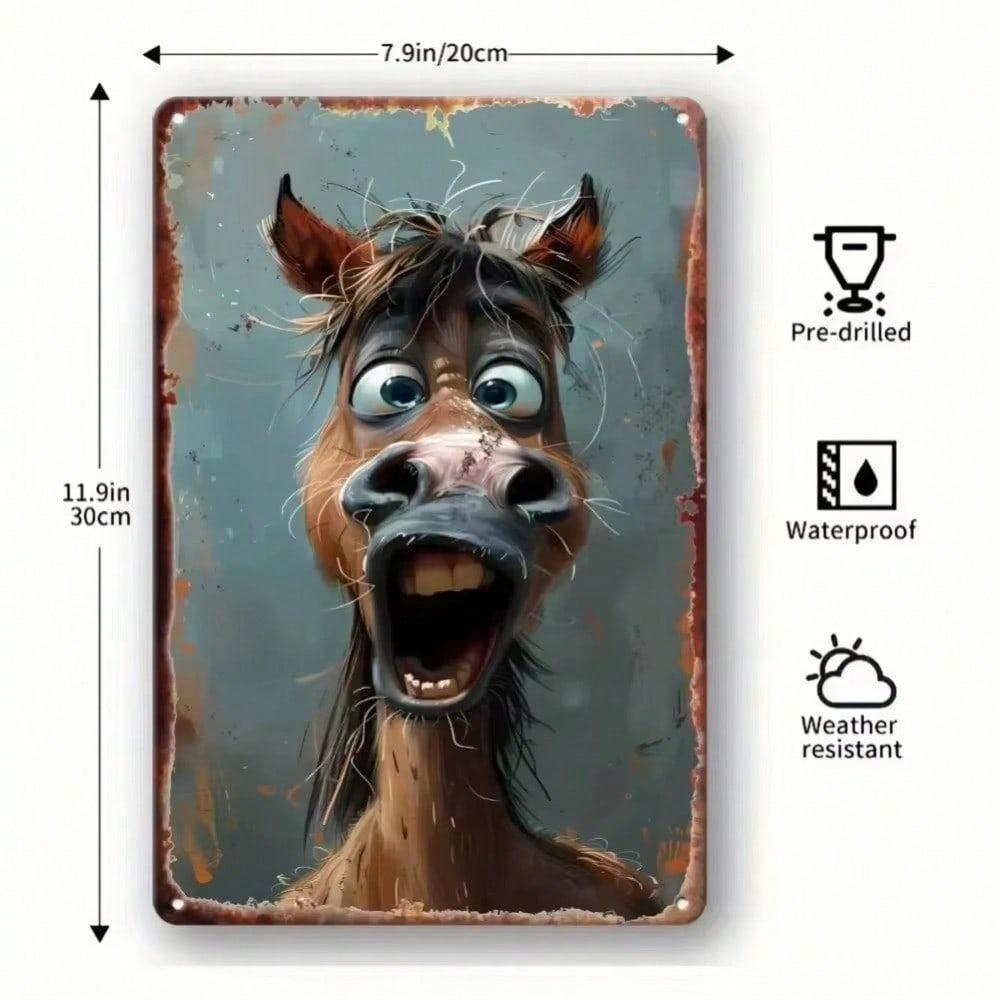 Vintage Metal Sign Funny Horse Face Wall Decor Waterproof Easy Mount Indoor Outdoor