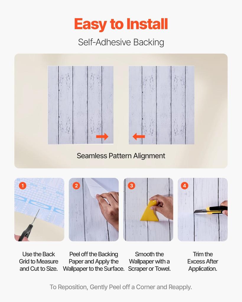 Peel and Stick Wallpaper, 45cm x 12m Contact Paper White Wood Textured Waterpoof Self Adhesive, Easy to Clean & Peel Wall Decorative Vinyl Roll for