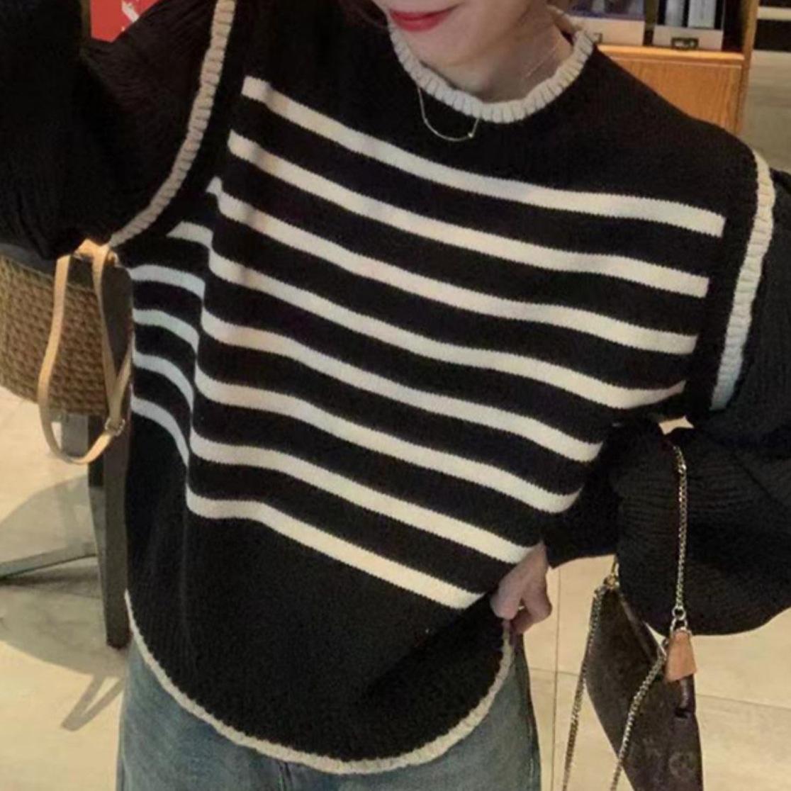 

Женский черно-белый полосатый лоскутный искусственный свитер из двух частей, трикотажная блузка с рукавами-фонариками Design Sense для осени и зимы L