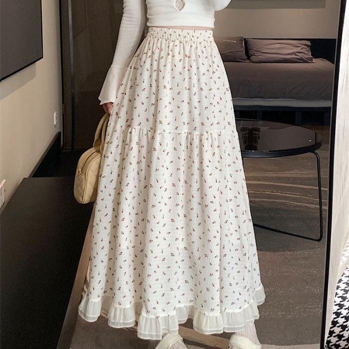 New White Floral Skirt High Waist Spring and Summer Medium and Long Design Sense Niche Long Skirt Irregular Fairy Skirt