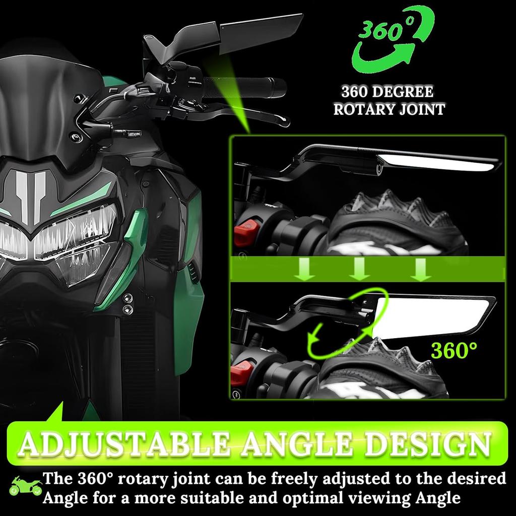 Motorcycle Rear View Mirrors, Adjustable 360° Rotating Stealth Wind Wing Side Mirrors Compatible With Kawasaki Z400 Z650 Z1000 Duke 125 200 250 390